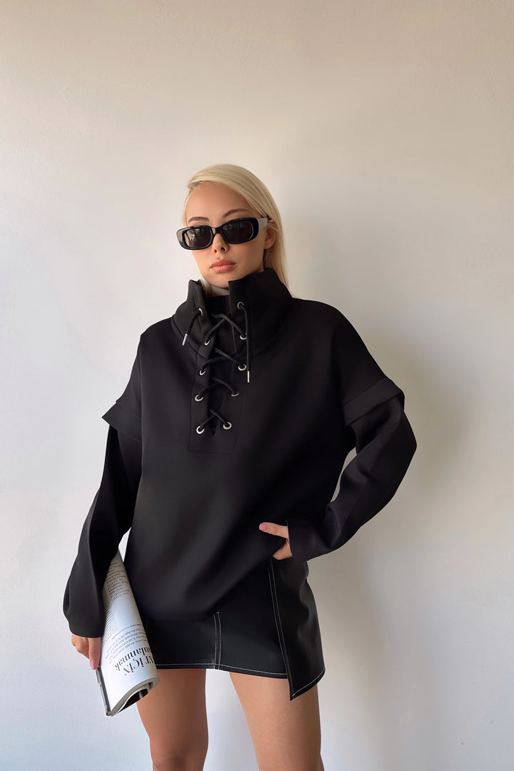 Black High Neck Bird Eye Lace-Up Scuba Sweatshirt BCPK-236000 - Garden Grove