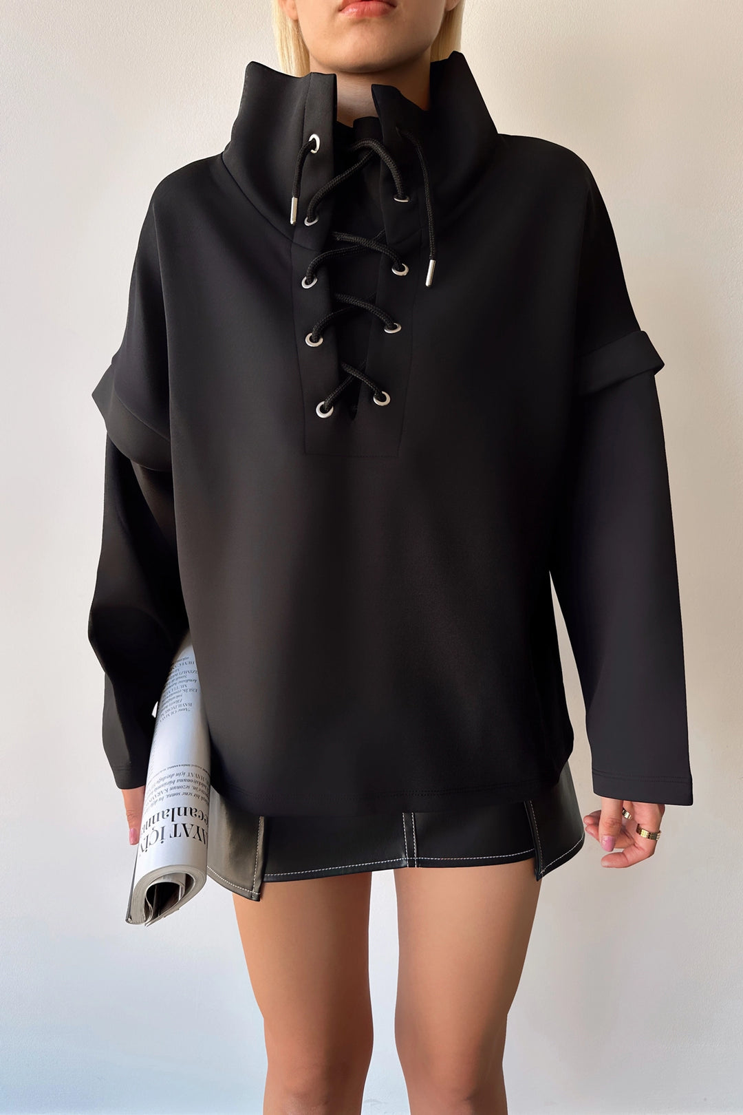 Black High Neck Bird Eye Lace-Up Scuba Sweatshirt BCPK-236000 - Garden Grove