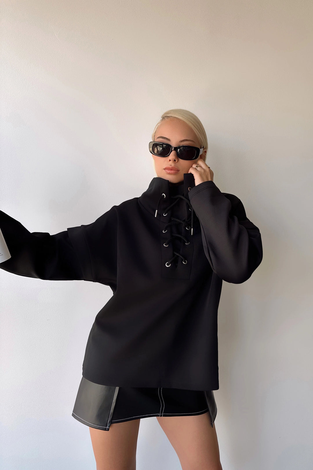 Black High Neck Bird Eye Lace-Up Scuba Sweatshirt BCPK-236000 - Garden Grove