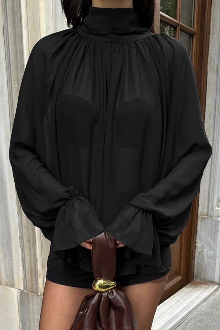 Black High Neck Cape Cut Princess Sleeve Chiffon Blouse BCHWS-251255 - Winterthur