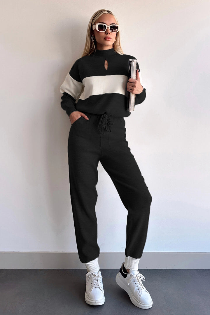 Black High Neck Striped Block Tight Knitted Top Bottom Tracksuit BC231006 - Decatur