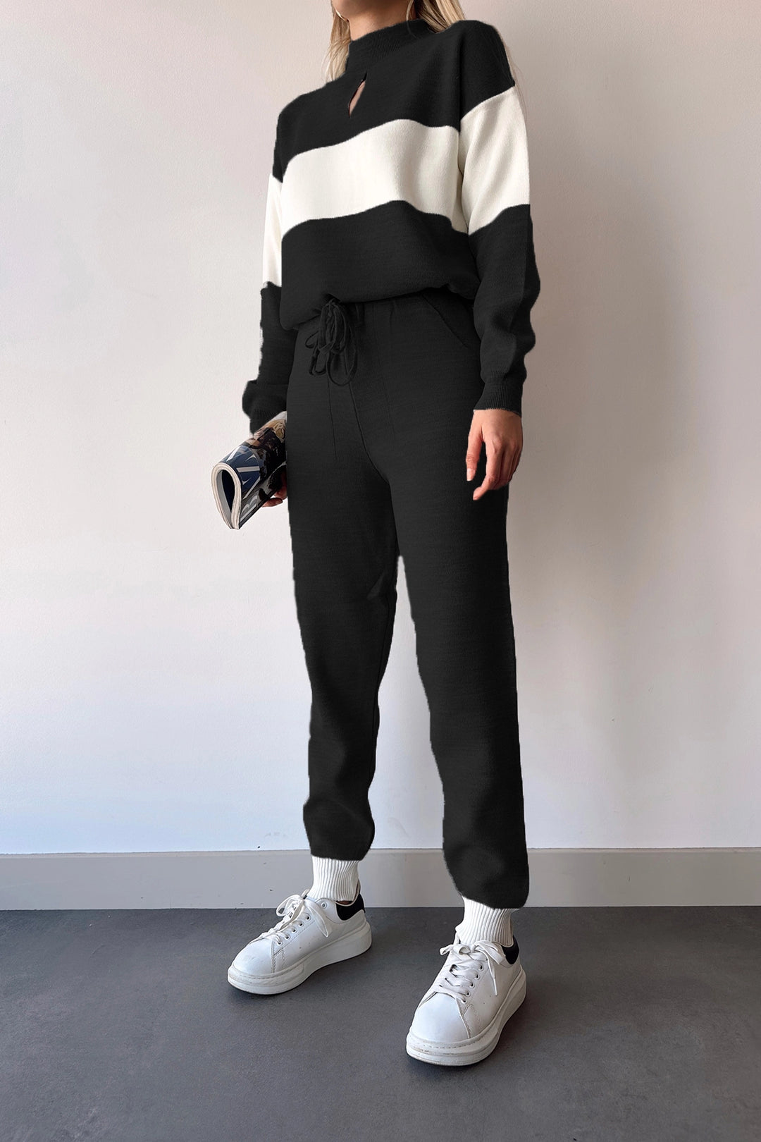 Black High Neck Striped Block Tight Knitted Top Bottom Tracksuit BC231006 - Decatur