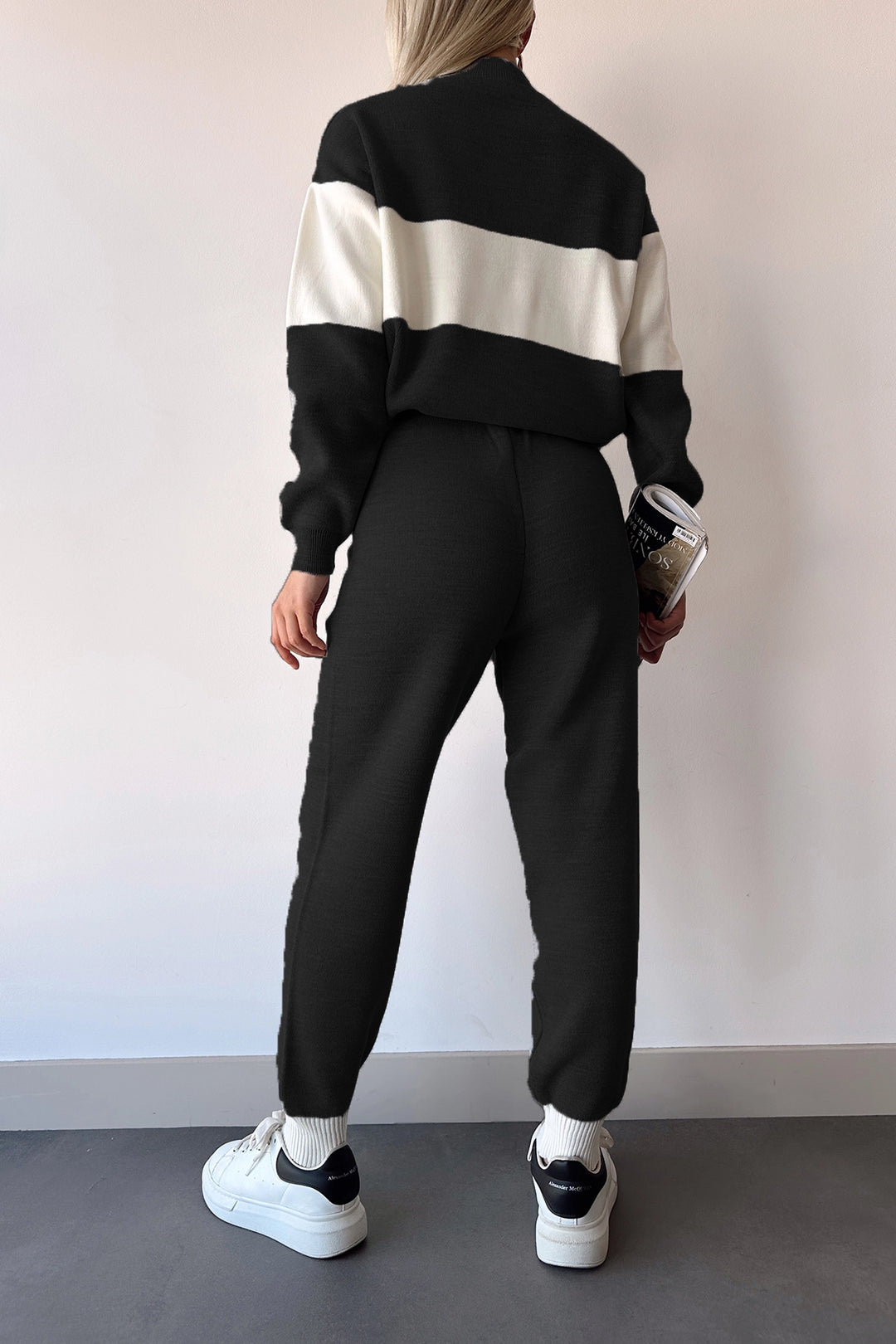 Black High Neck Striped Block Tight Knitted Top Bottom Tracksuit BC231006 - Decatur