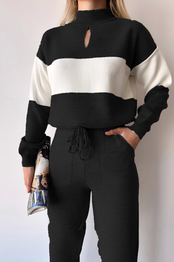 Black High Neck Striped Block Tight Knitted Top Bottom Tracksuit BC231006 - Decatur