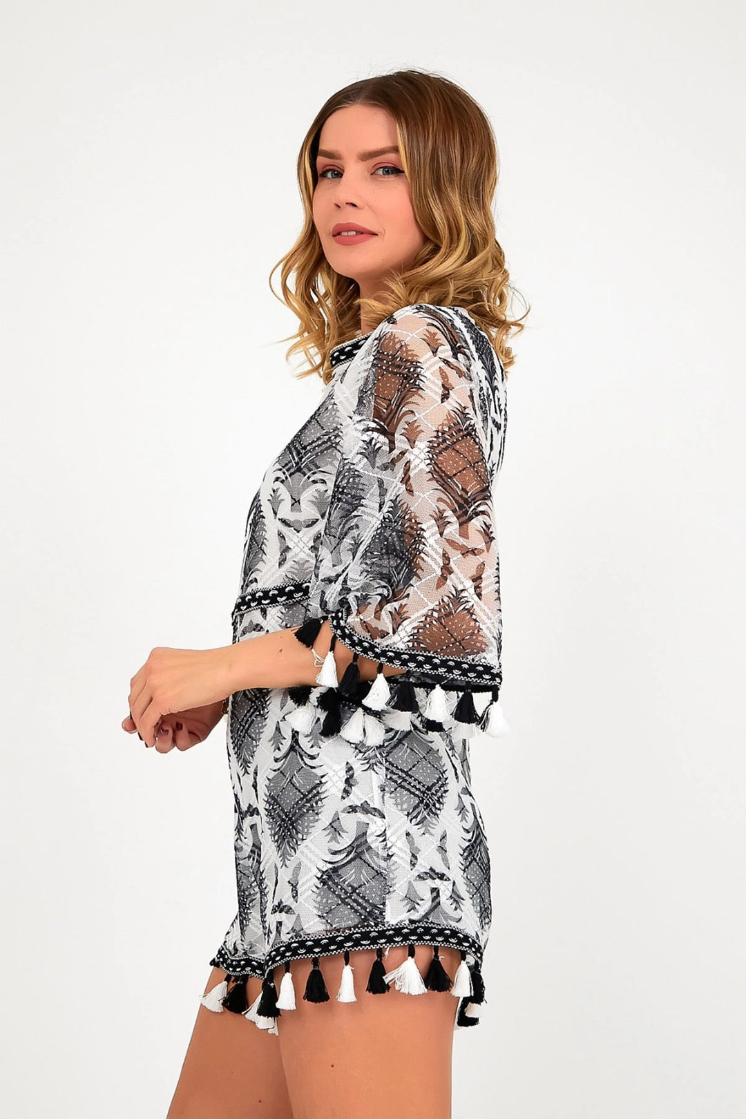 Black High Neck Backless Lined Tulle Jumpsuit with Fringe Detail BCVL-251000TLM - Largo