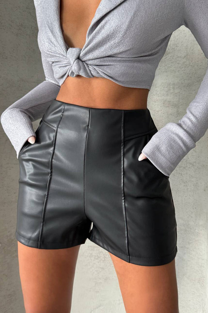 Black Faux Leather Mini Shorts with Stitching Detail BCHN-25W26312 - Bocholt