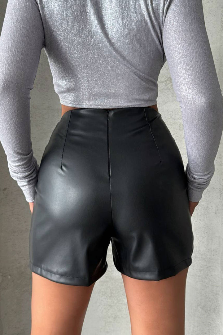 Black Faux Leather Mini Shorts with Stitching Detail BCHN-25W26312 - Bocholt