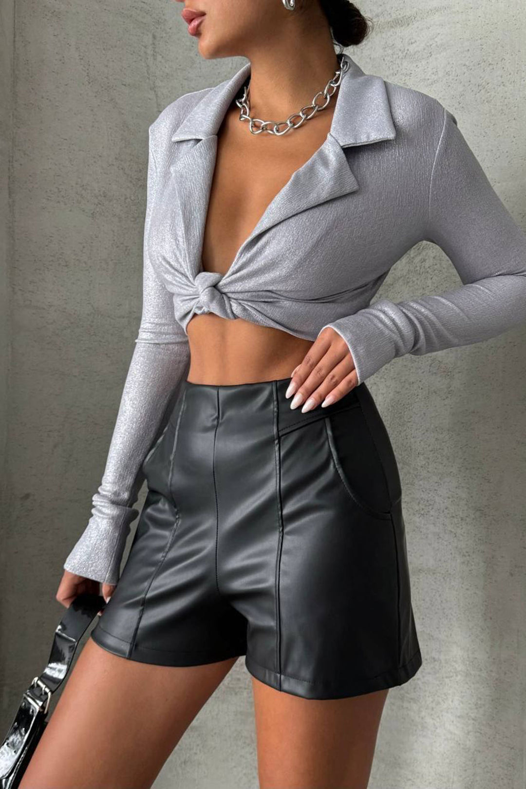 Black Faux Leather Mini Shorts with Stitching Detail BCHN-25W26312 - Bocholt