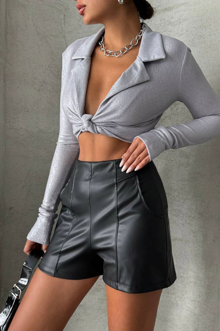 Black Faux Leather Mini Shorts with Stitching Detail BCHN-25W26312 - Bocholt