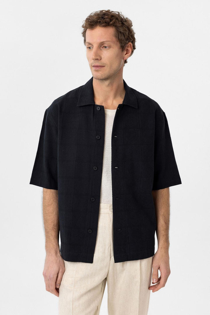 ANT Antioch Black Textured Jacquard Cotton Men's Short Sleeve Shirt - Ciudad Hidalgo