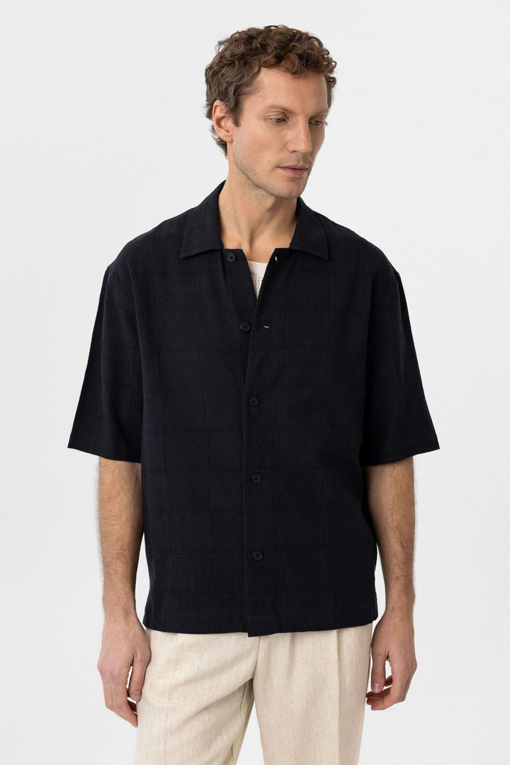 ANT Antioch Black Textured Jacquard Cotton Men's Short Sleeve Shirt - Ciudad Hidalgo