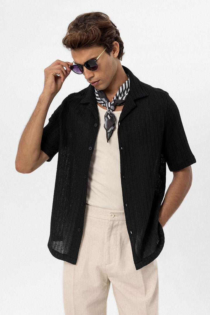 ANT Antioch Black Textured Crochet Men's Shirt - Bari