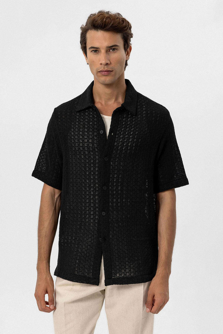 ANT Antioch Black Textured Crochet Men's Shirt - Bremerhaven
