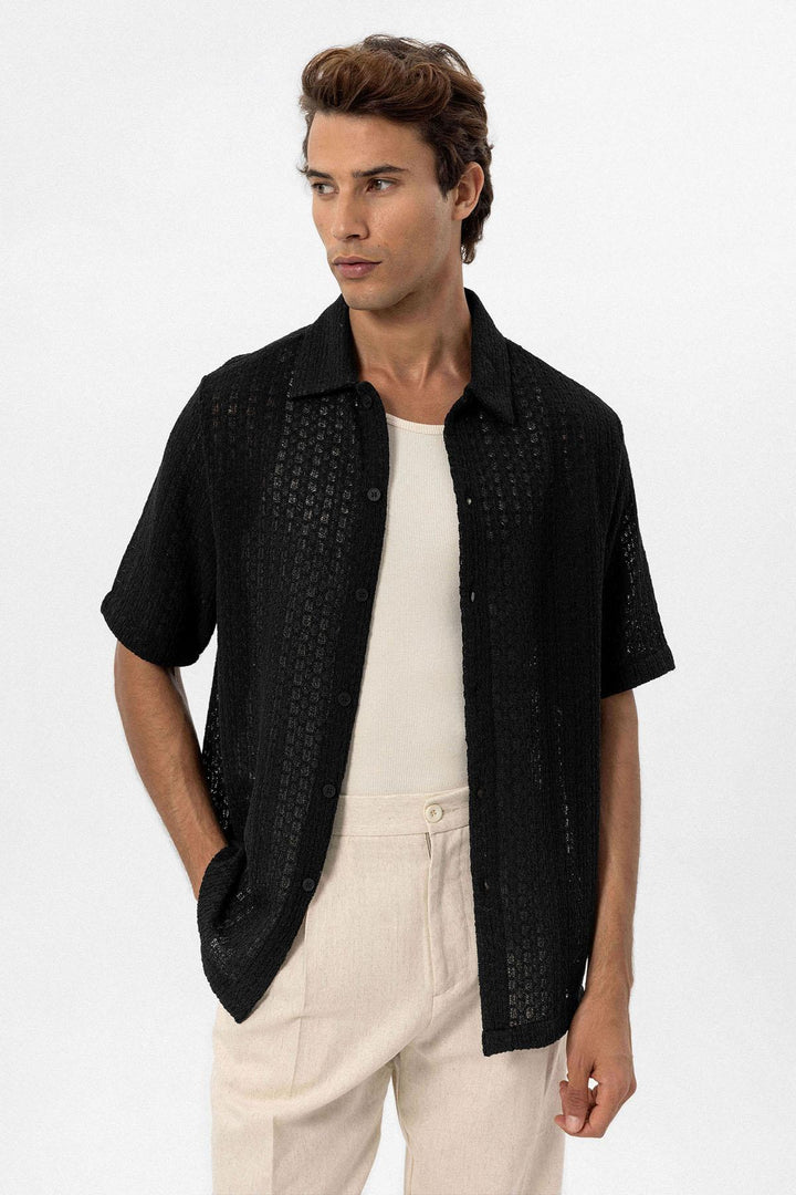 ANT Antioch Black Textured Crochet Men's Shirt - Bremerhaven