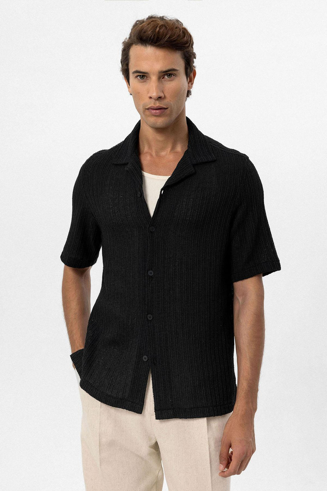 ANT Antioch Black Textured Crochet Men's Shirt - Xico
