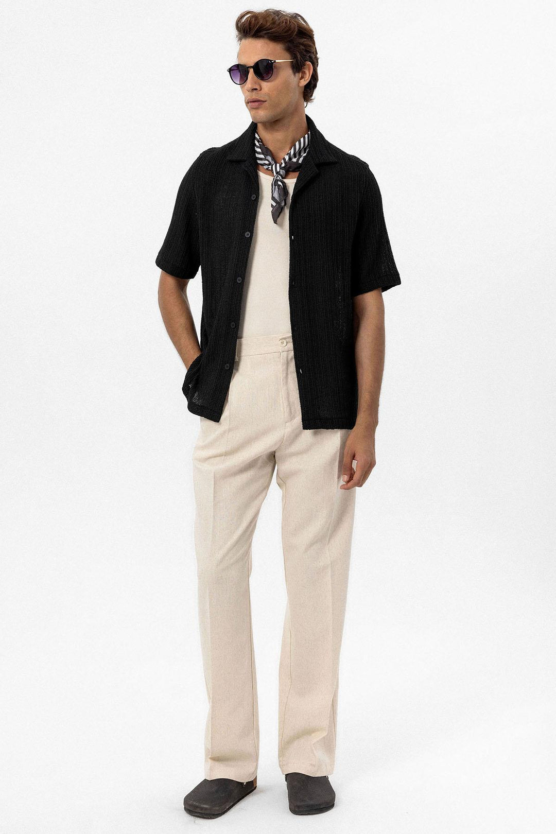 ANT Antioch Black Textured Crochet Men's Shirt - Bari