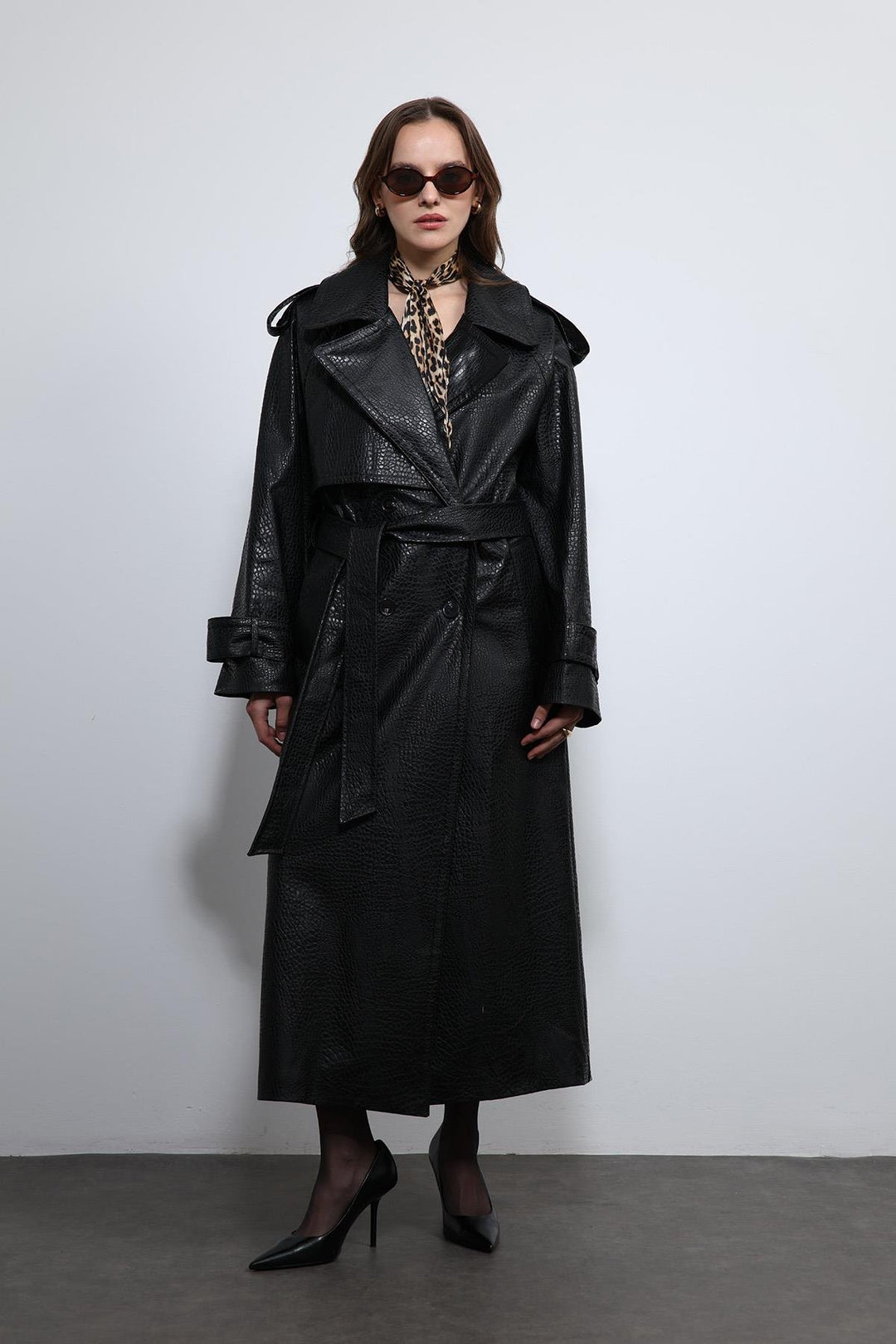 ANT Antioch Black Textured Faux Leather Trench Coat - Maple Grove