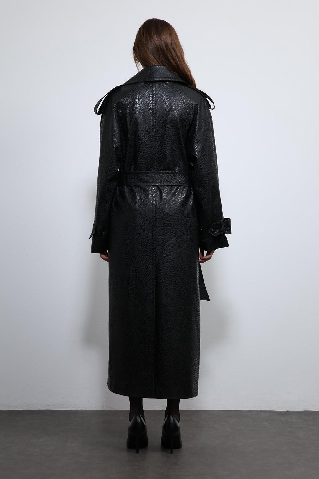 ANT Antioch Black Textured Faux Leather Trench Coat - Maple Grove