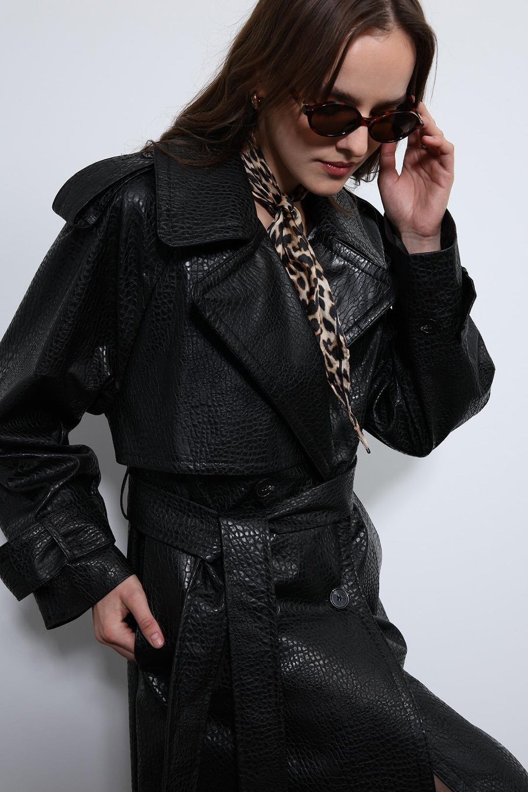 ANT Antioch Black Textured Faux Leather Trench Coat - Maple Grove