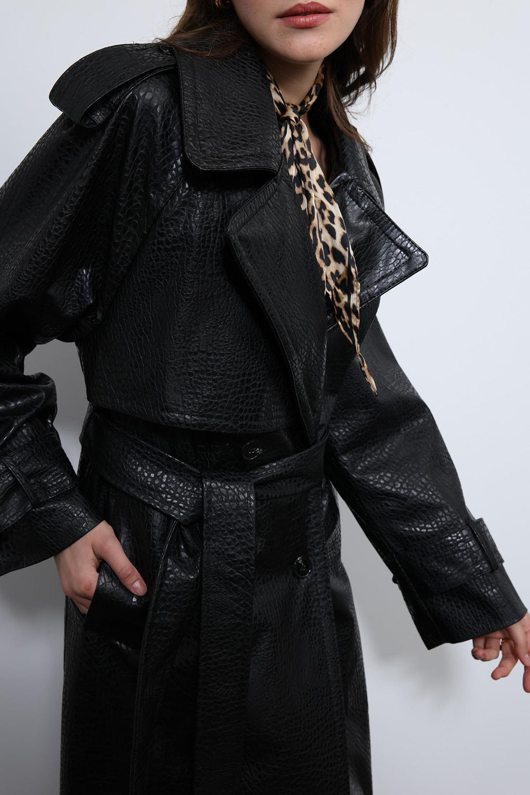 ANT Antioch Black Textured Faux Leather Trench Coat - Maple Grove