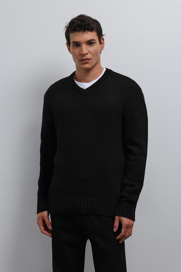 ANT Antioch Black Textured V-Neck Men's Sweater - Downers Grove