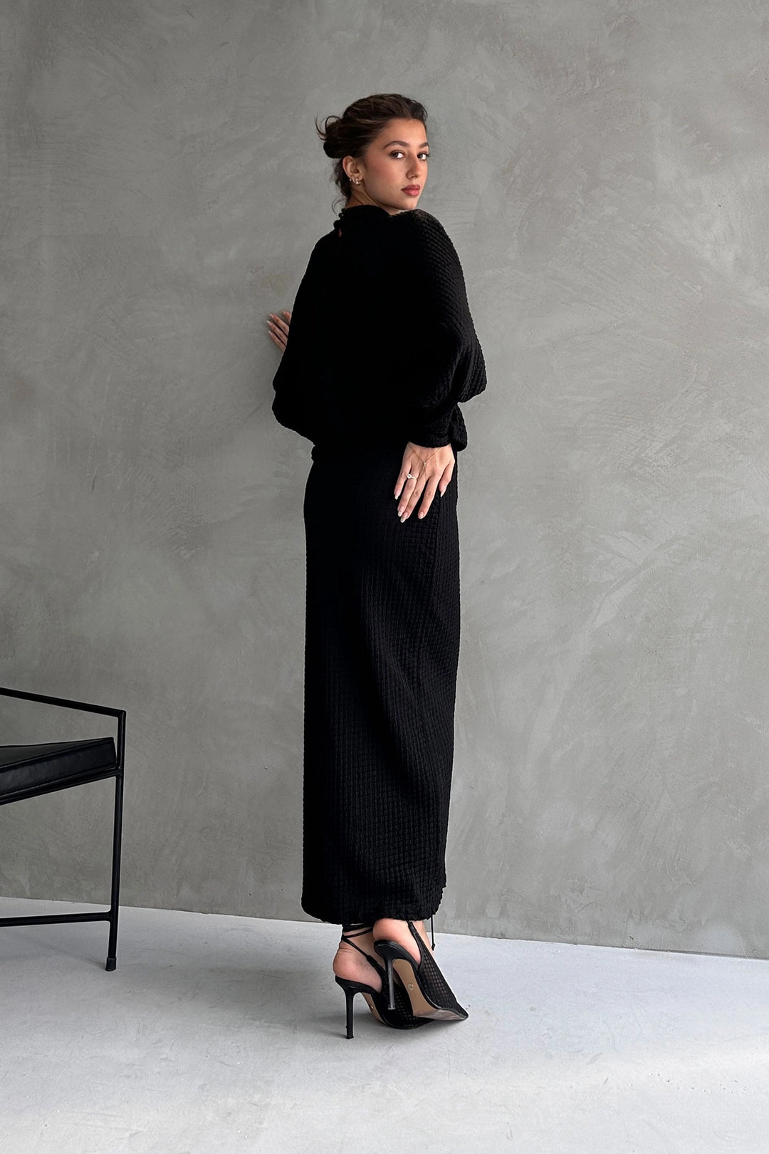 Black Pleated Slit Detailed Skirt and Blouse 2 Piece Set BCDF-242121 - Derry