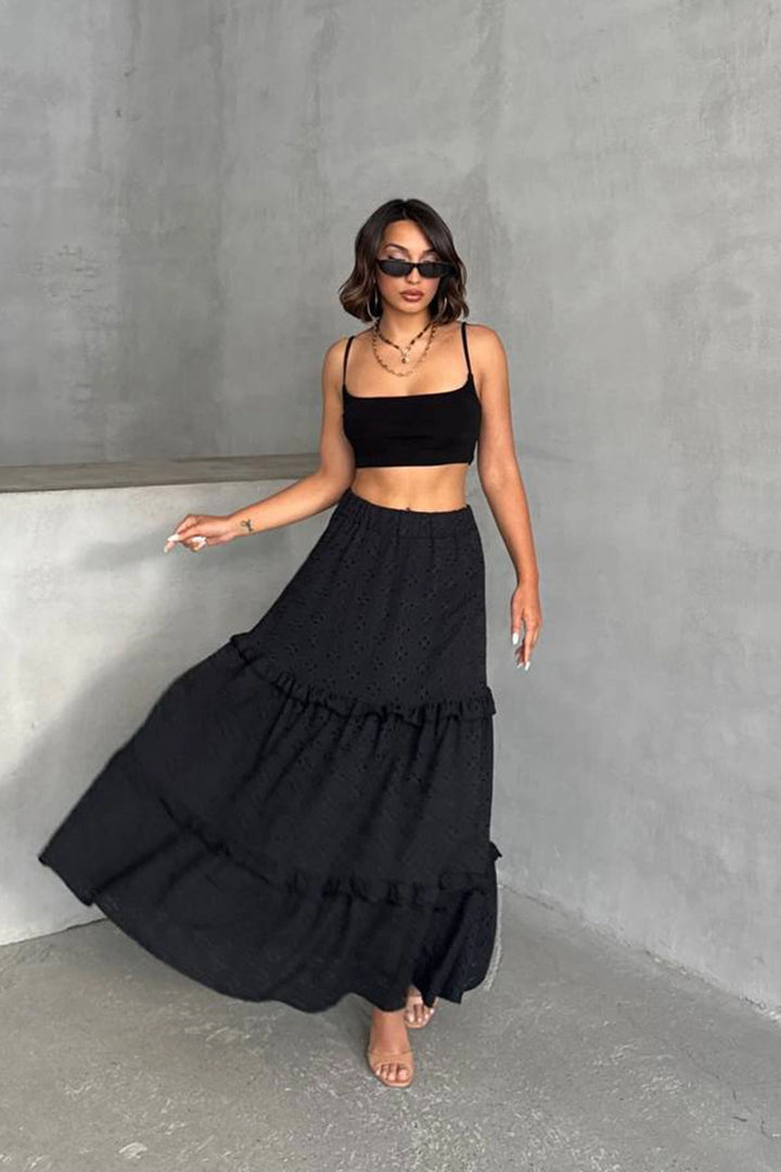 Black Woven Lace Lined Ruffled Skirt BCHN-25255047 - Conway