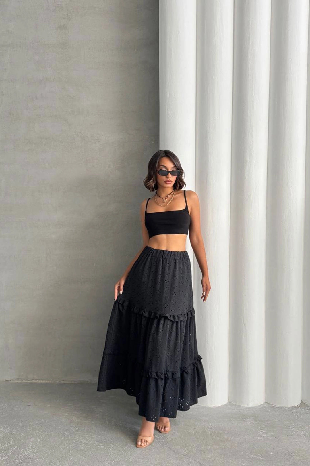 Black Woven Lace Lined Ruffled Skirt BCHN-25255047 - Conway