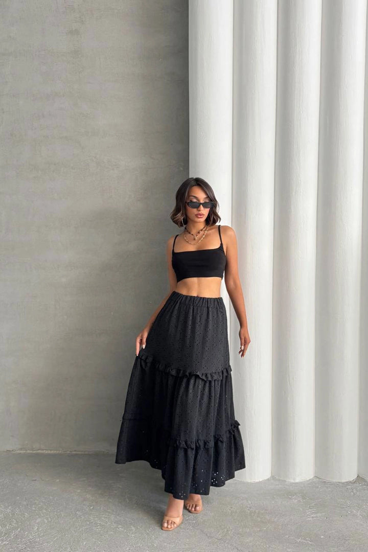 Black Woven Lace Lined Ruffled Skirt BCHN-25255047 - Conway