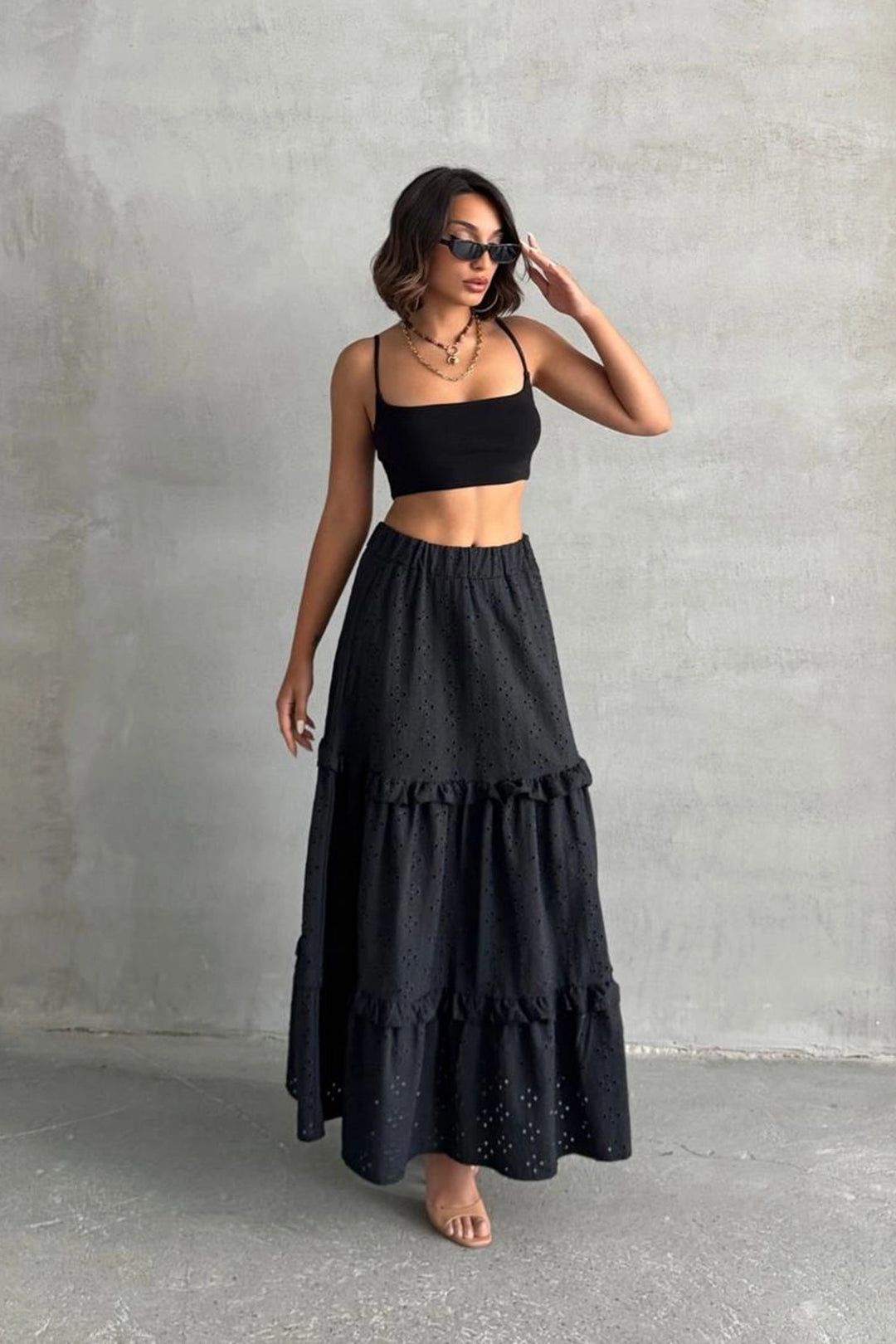 Black Woven Lace Lined Ruffled Skirt BCHN-25255047 - Conway