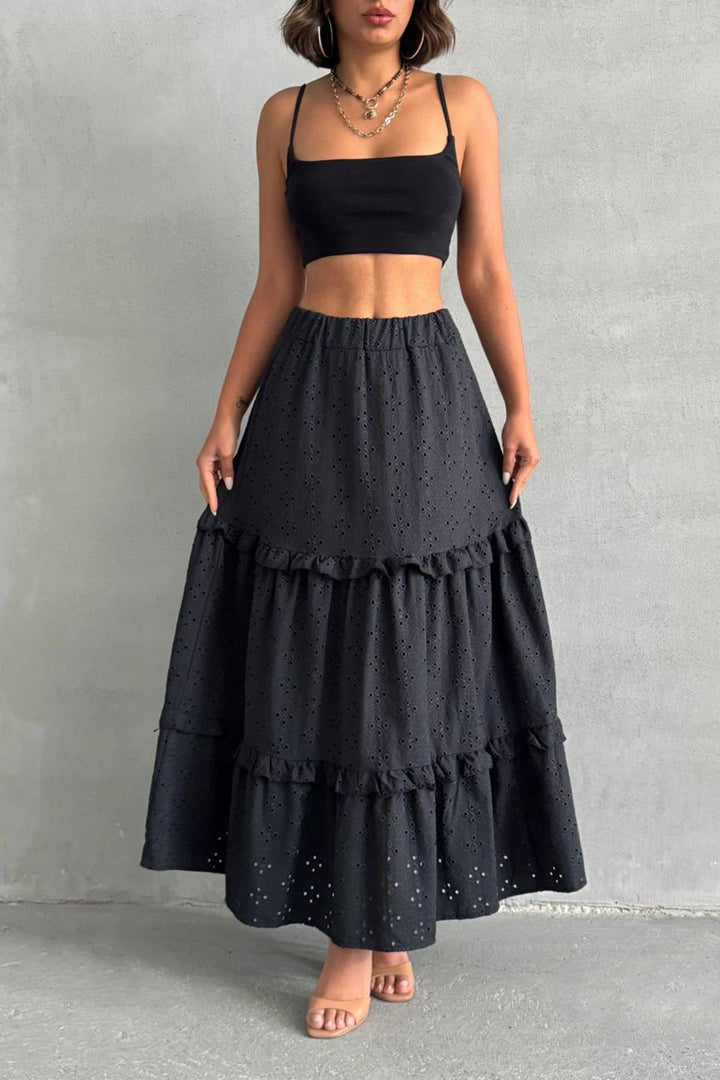Black Woven Lace Lined Ruffled Skirt BCHN-25255047 - Conway