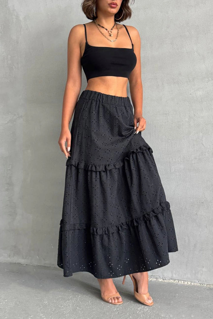 Black Woven Lace Lined Ruffled Skirt BCHN-25255047 - Conway