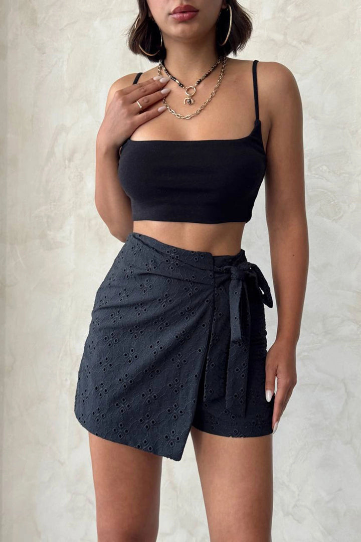 Black Woven Lace Lined Shorts Skirt BCHN-25255075 - Šiauliai
