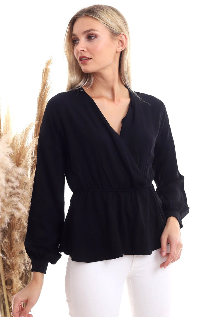 Black Woven Viscose Wrap Neck Long Sleeve Blouse CO-2520333307 - Sierra Vista
