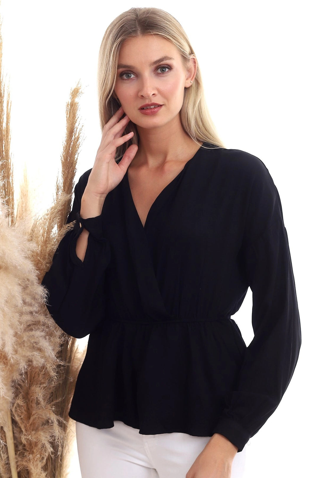 Black Woven Viscose Wrap Neck Long Sleeve Blouse CO-2520333307 - Sierra Vista