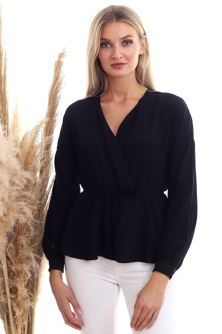 Black Woven Viscose Wrap Neck Long Sleeve Blouse CO-2520333307 - Sierra Vista