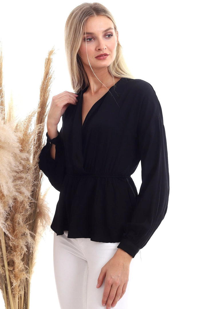 Black Woven Viscose Wrap Neck Long Sleeve Blouse CO-2520333307 - Sierra Vista