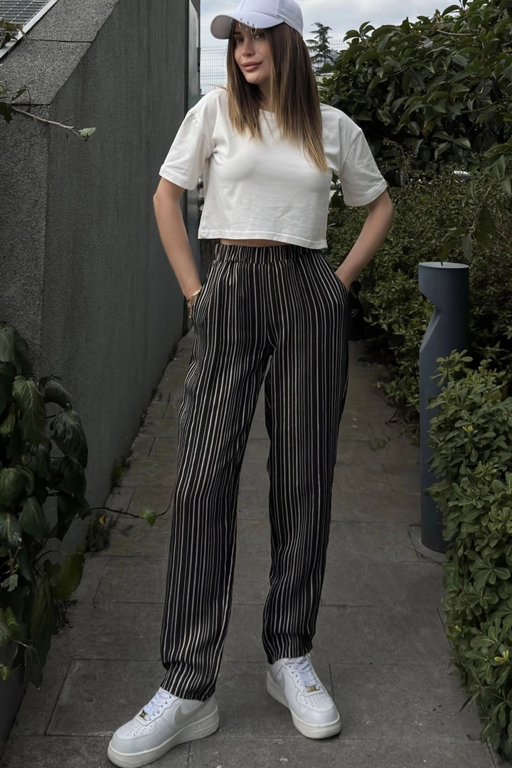Black Wide Leg Striped Textured Trousers BCBSK-25700-3277 - Babruysk
