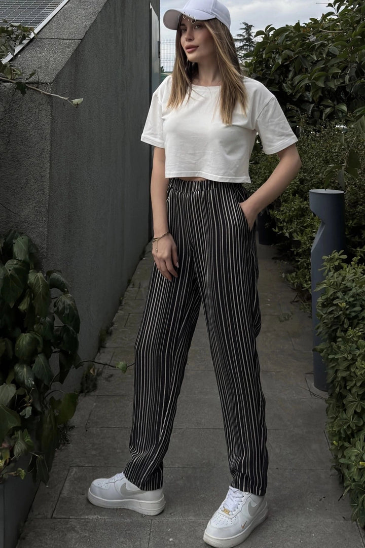 Black Wide Leg Striped Textured Trousers BCBSK-25700-3277 - Babruysk