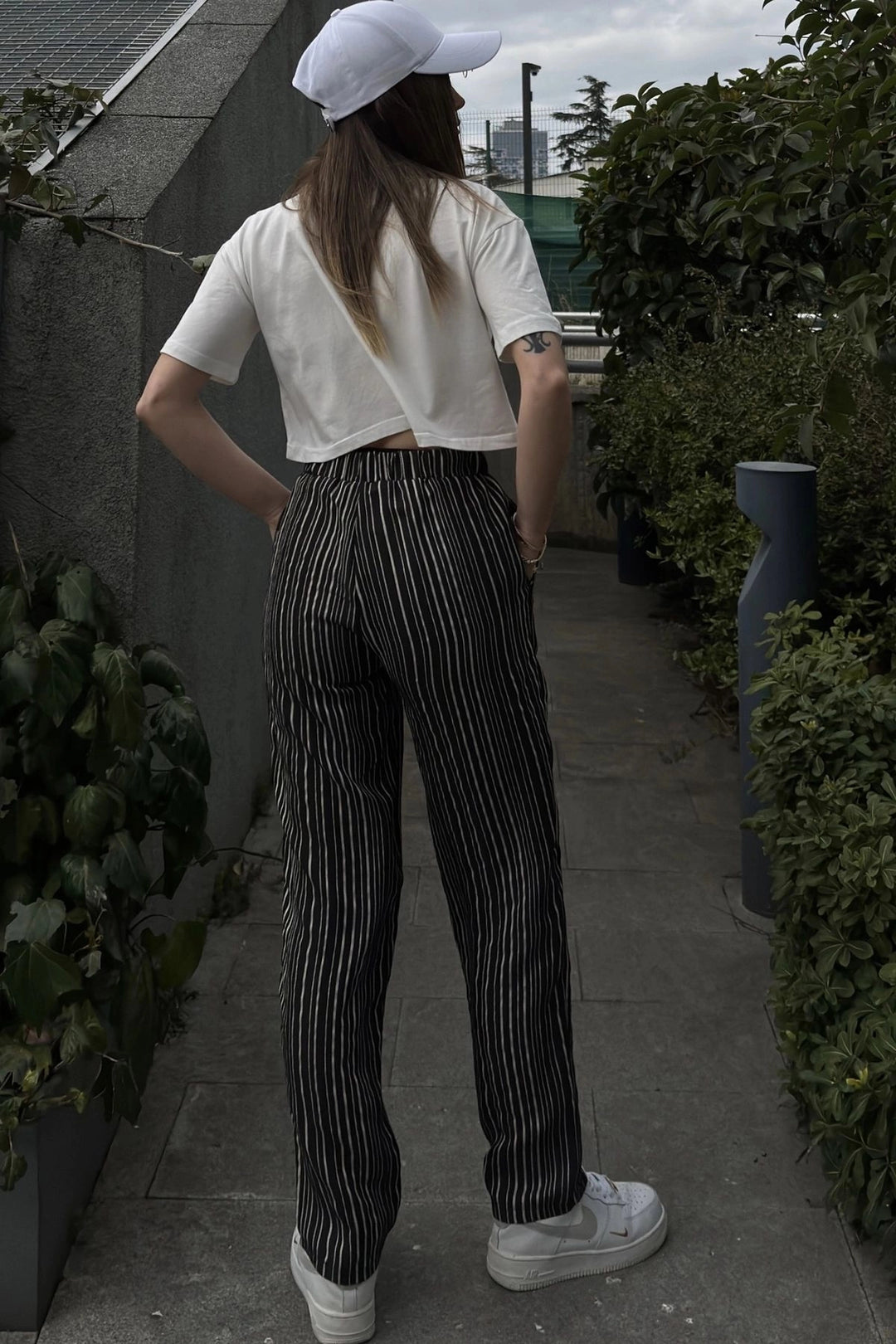 Black Wide Leg Striped Textured Trousers BCBSK-25700-3277 - Babruysk