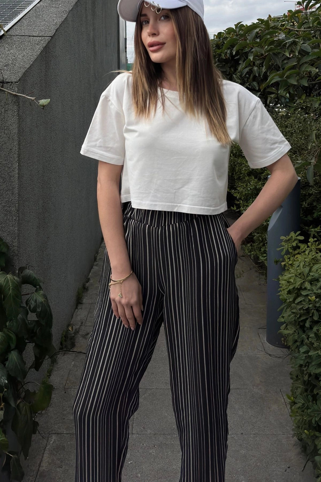 Black Wide Leg Striped Textured Trousers BCBSK-25700-3277 - Babruysk