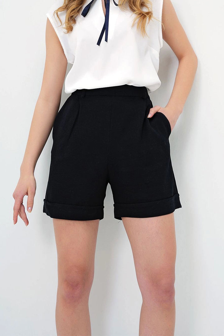 Black Double Pleated Summer Linen Woven Shorts with Hidden Zipper BCIR-251002 - Greece