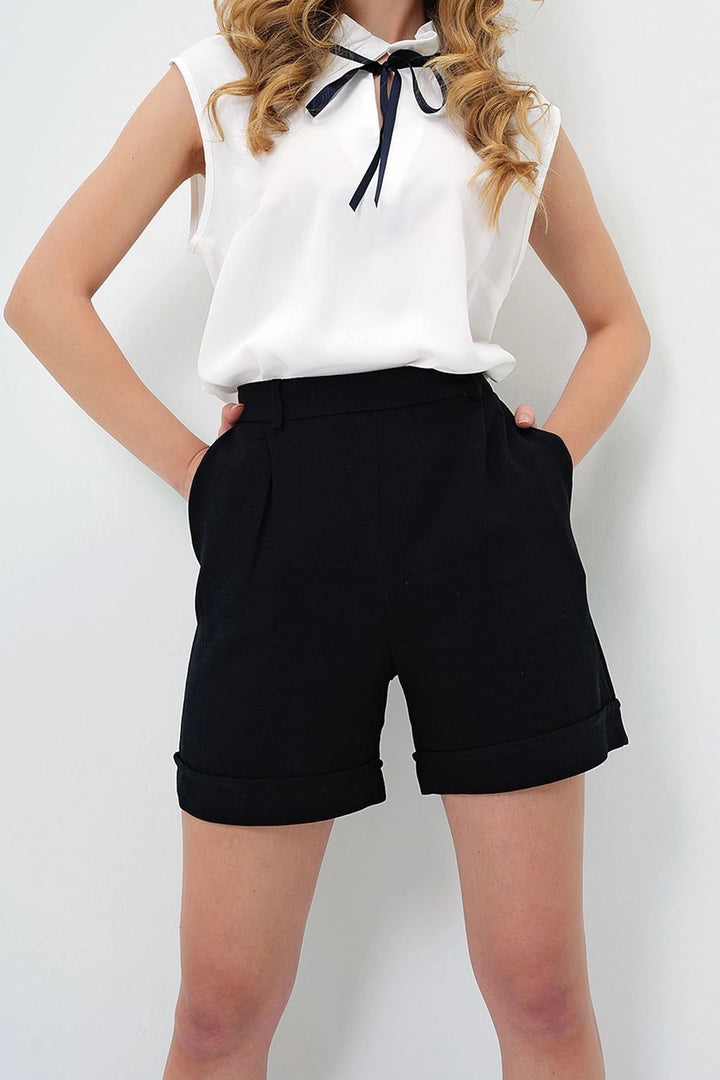 Black Double Pleated Summer Linen Woven Shorts with Hidden Zipper BCIR-251002 - Greece