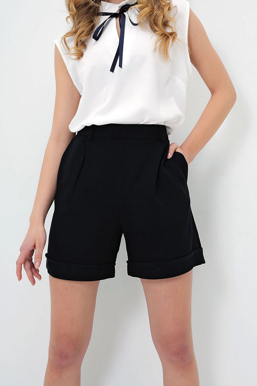 Black Double Pleated Summer Linen Woven Shorts with Hidden Zipper BCIR-251002 - Greece