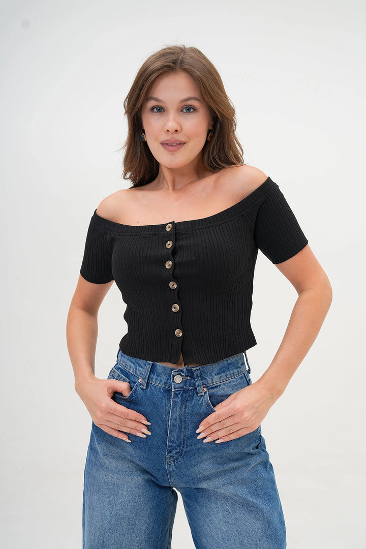Black Button Detailed Ribbed Corset Blouse BC25PKN05 - Chula Vista