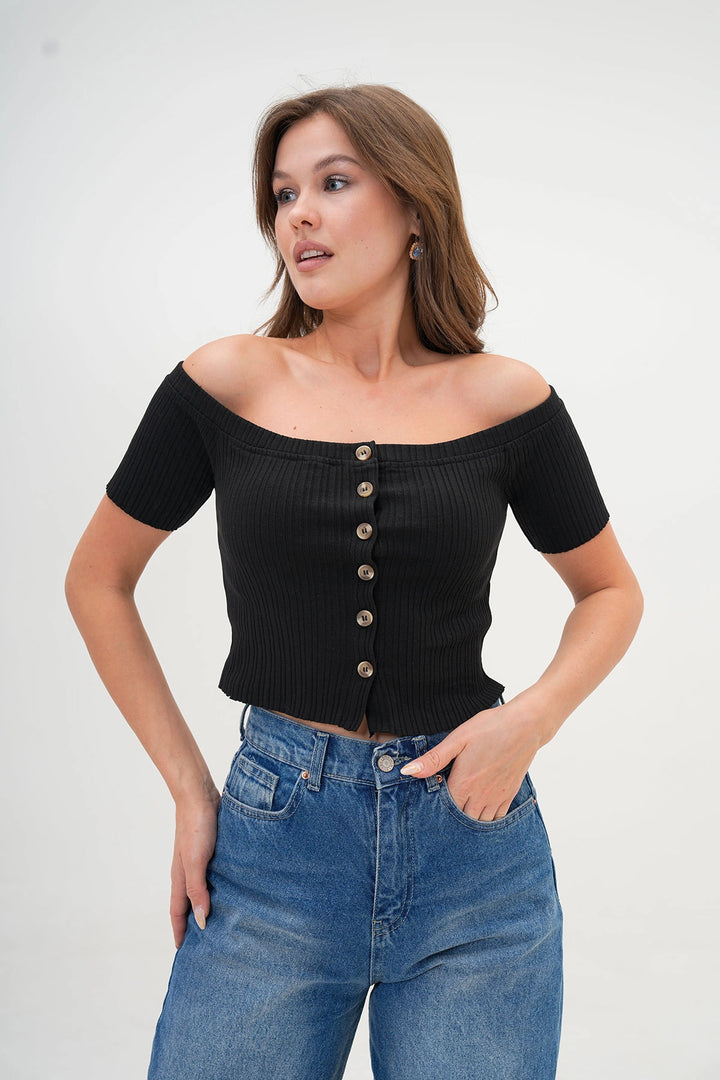 Black Button Detailed Ribbed Corset Blouse BC25PKN05 - Chula Vista