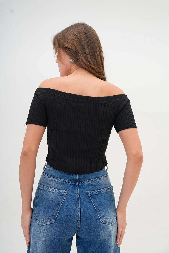 Black Button Detailed Ribbed Corset Blouse BC25PKN05 - Chula Vista