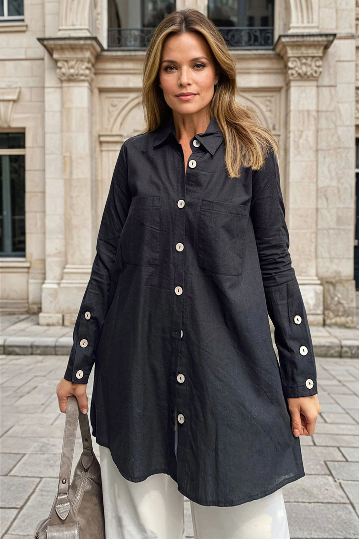 Black Button Detailed Oversized Long Sleeve Shirt BCBSK-25700-3558 - Vila Franca de Xira