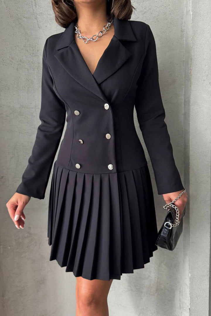 Black Button Detailed Pleated Woven Jacket Dress BCHN-255016 - Cento