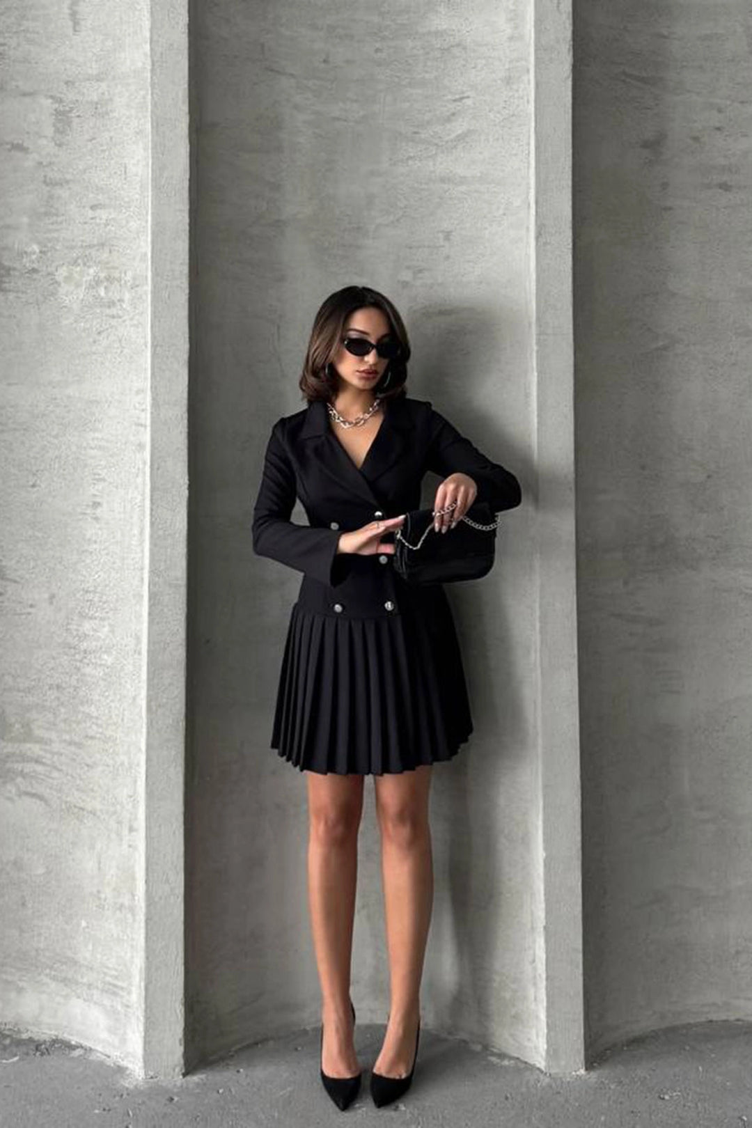 Black Button Detailed Pleated Woven Jacket Dress BCHN-255016 - Cento